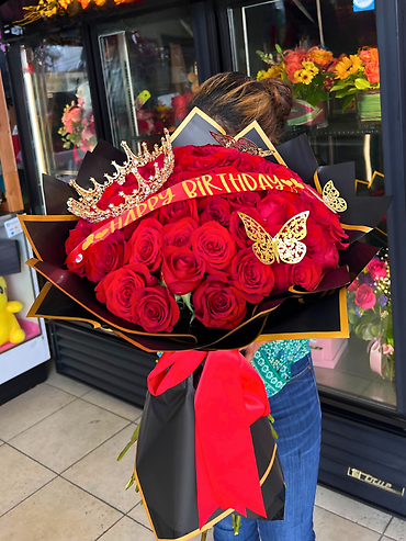 50 Red Roses w/Crown & Ribbon
