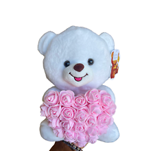 10\" White Bear w Pink Rose Heart