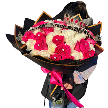 50 ROSES W/CROWN AND RIBBON