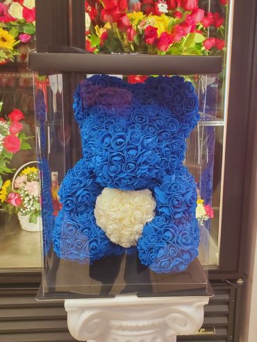 M-White Heart Blue Rose Bear
