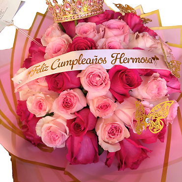 50 Pink Roses w/crown & Ribbon